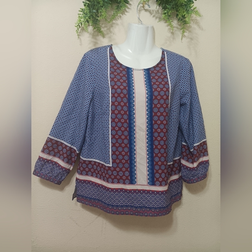 Talbots Blue and Red Boxy Blouse with Embroidery